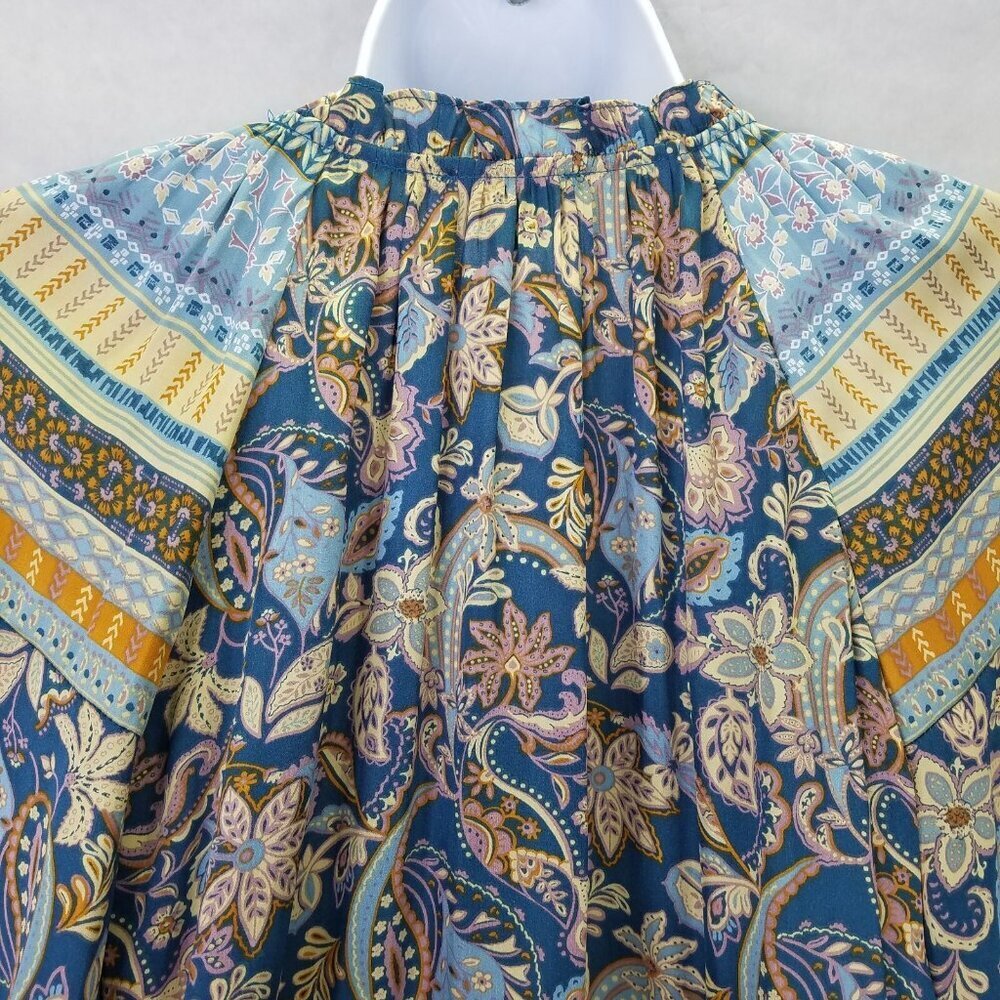 Current Air Blouse Women XS Long Sleeve Boho Paisley Satin Colorful Anthropologi - Picture 7 of 16